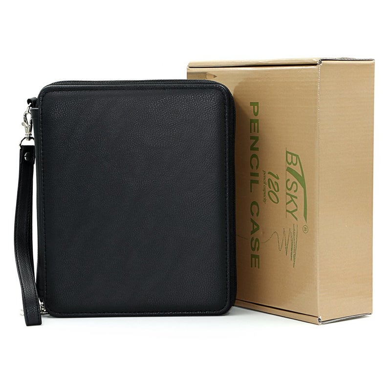 BTSKY Deluxe PU Leather Pencil Case For Colored Pencils - 120 Slot Pencil Holder with Handle Strap Handy Colored Pencil Box Large(Black) - Image 2